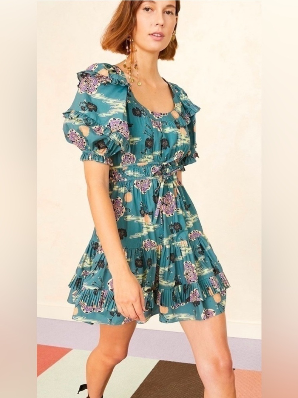 Ulla Johnson Teal Floral Ruffle Mini Dress